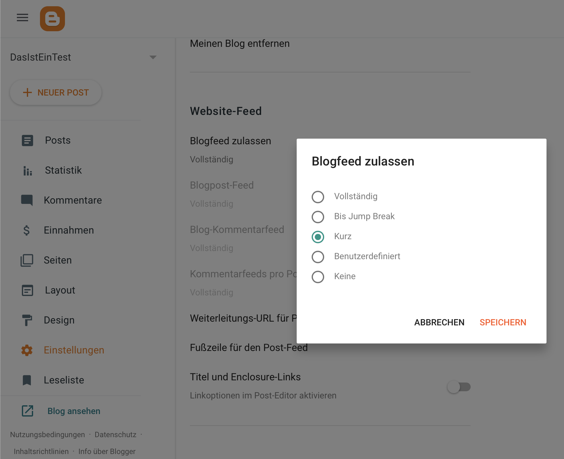 Blogge.com Rss Feed Einstellungen